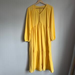 Yellow Tiered Maxi Dress Long Sleeve Size 2XL Cotton Summer Modest Vacation